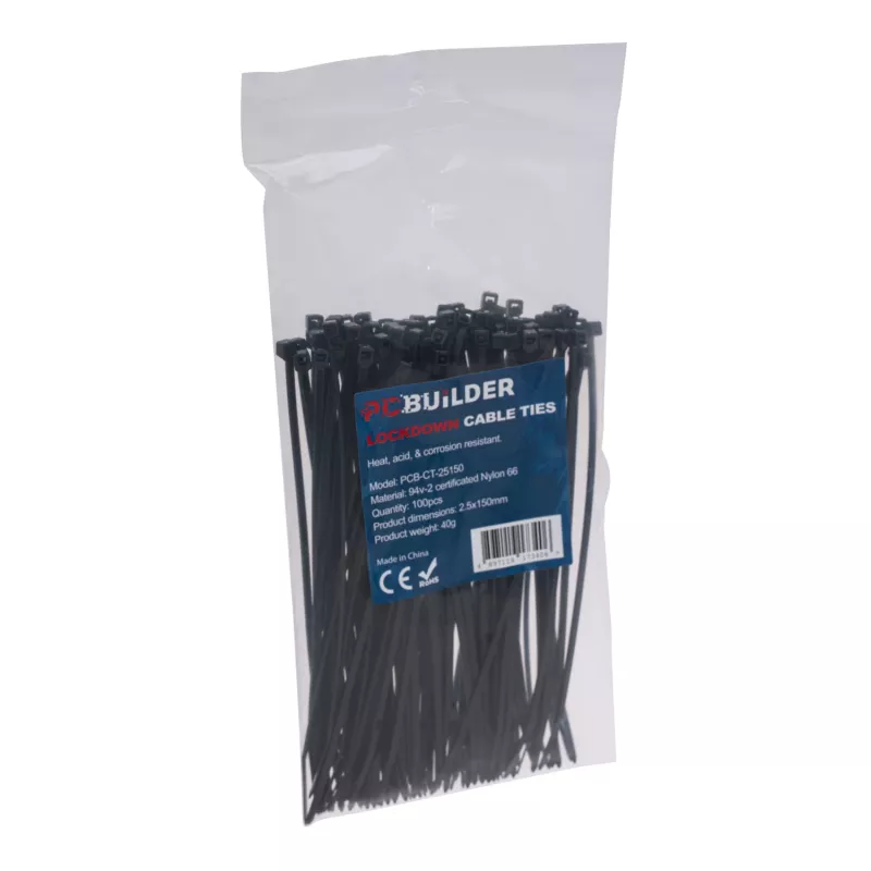 PCBuilder LOCKDOWN 150mm kabeļu saites (100 gab.) - Melns