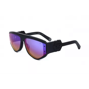 PHILIPP PLEIN SPP093M-703V Vīriešu kvadrātveida pilotu saulesbrilles, melns acetāta rāmis, pelēkas polikarbonāta lēcas, UV400 aizsardzība, 65/16/145 mm