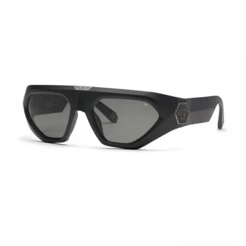 PHILIPP PLEIN SPP153-580U28 Vīriešu taisnstūra saulesbrilles, spīdīgs melns acetāta rāmis, dūmu pelēkas polikarbonāta lēcas, 58mm