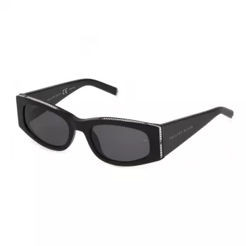 Philipp Plein Sieviešu kaķacs formas saulesbrilles SPP025S550700 – spīdīga melna acetāta, dūmu lēcas, UV400