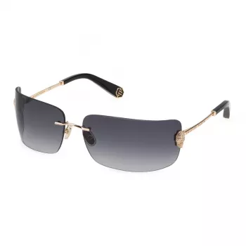 Philipp Plein sieviešu saulesbrilles SPP027S950300 - Pārspīlēta kvadrātveida vairoga forma, melns acetāta rāmis, pelēki gradienta lēcas, UV400 aizsardzība