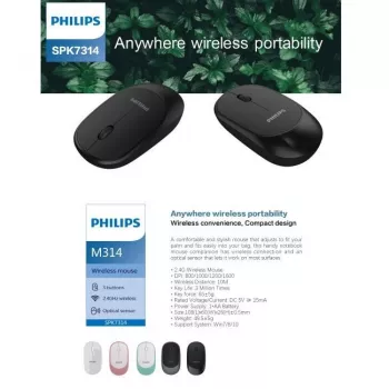Philips M314 stilīga un kompakta bezvadu pele, 3 pogas, 800/1000/1200/1600dpi, melna