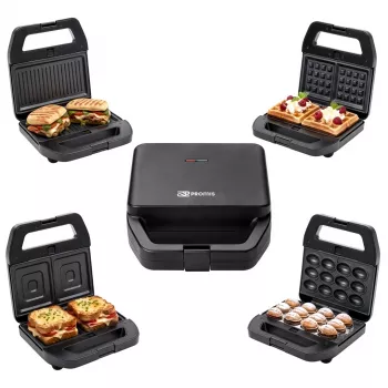 PMS 4-in-1 MELTO sviestmaižu gatavotājs ar maināmām plāksnēm: sviestmaizei, vafeļu, grilam, cepumiem/riekstiem, 800 W, melns/sudrabs