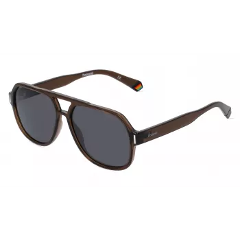 Polaroid PLD6193S09QF7 Unisex Taisnstūra Saulesbrilles - Havana Rāmis, Pelēkas Polarizētas Lēcas, 57mm