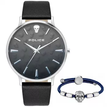 POLICE vīriešu analogais kvarca pulkstenis PLTASM2SET20 44mm nerūsējošā tērauda korpuss, zils ciparnīca, brūna ādas un sudraba sietiņa siksniņa