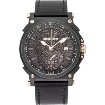 POLICE Men's Quartz Analog Watch PL15728JSB.02 48mm Stainless Steel Case Black Leather Strap