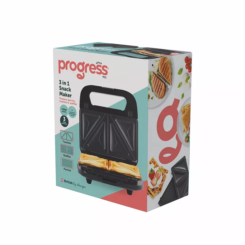 Progress EK6666PVDE 3 in 1 uzkodu gatavotājs – vafelu, sendviču un virtuļu gatavotājs, 900W, melns