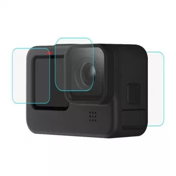 PULUZ PU507 9H rūdīta stikla ekrāna un objektīva aizsargu komplekts GoPro HERO12/11/10 Black – 3 daļu komplekts (priekšējais, aizmugurējais, objektīvs)