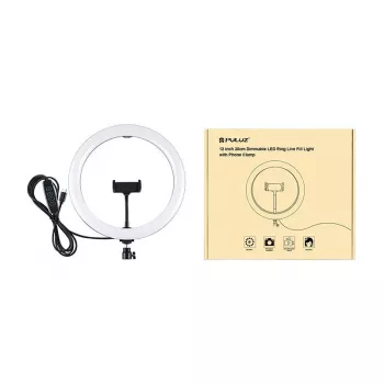 PULUZ PU656B 10 collu LED gredzenveida lampa ar tālruņa turētāju un statīvu, 12W, 3000K–6500K, USB barošana, tiešraidēm, TikTok, YouTube, grimmēšanai, fotogrāfijai