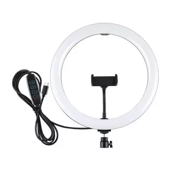 PULUZ PU656B 10 collu LED gredzenveida lampa ar tālruņa turētāju un statīvu, 12W, 3000K–6500K, USB barošana, tiešraidēm, TikTok, YouTube, grimmēšanai, fotogrāfijai