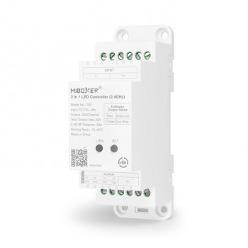 MiBoxer TR2 LED kontrolieris „2 vienā“, DIN sliedei, 12–48 V DC, 20 A