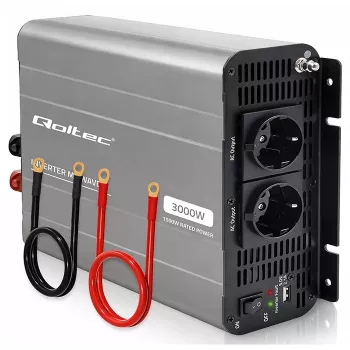 Qoltec modificēta sinusoidāla sprieguma invertors 12V uz 230V 1500W/3000W ar USB, saderīgs ar LiFePO4 GEL AGM