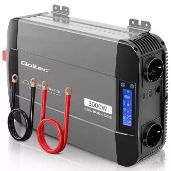 Qoltec tīrā sinusoidālā sprieguma invertors 12V uz 230V 1500W/3000W ar LCD, USB, USB-C LiFePO4 GEL AGM akumulatoriem