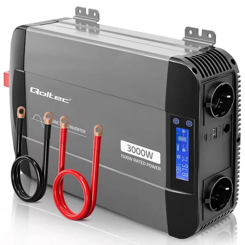 Qoltec tīrā sinusoidālā sprieguma invertors 12V uz 230V 1500W/3000W ar LCD, USB, USB-C LiFePO4 GEL AGM akumulatoriem
