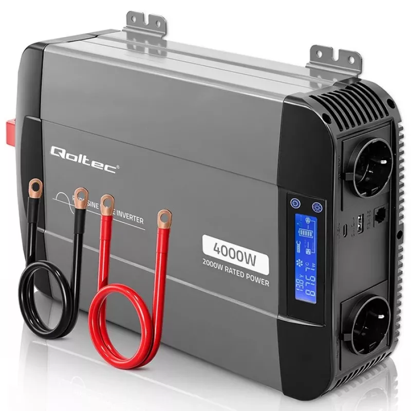 Qoltec tīrā sinusoidālā sprieguma invertors 12V uz 230V 2000W/4000W ar LCD, USB, USB-C, saderīgs ar LiFePO4/GEL/AGM