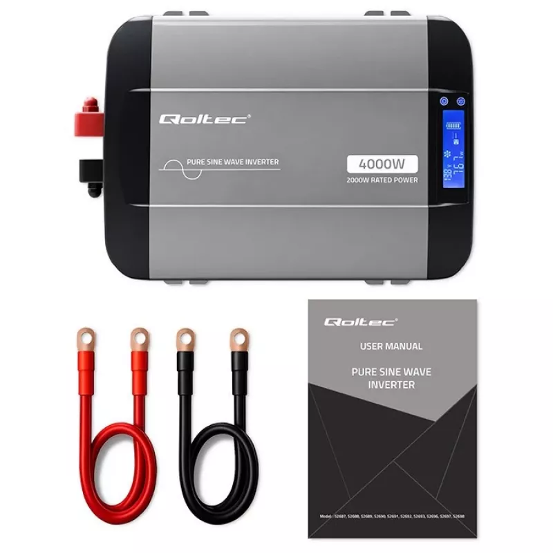 Qoltec tīrā sinusoidālā sprieguma invertors 12V uz 230V 2000W/4000W ar LCD, USB, USB-C, saderīgs ar LiFePO4/GEL/AGM