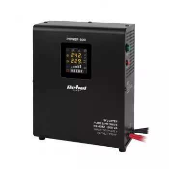 Rebel POWER-800 Sienas avārijas barošanas bloks – tīra sinusa viļņa invertors ar 12V uzlādes funkciju, 230V, 800VA/500W