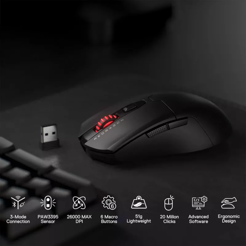 Redragon FYZU M995 PRO bezvadu spēļu pele - melna, 26K DPI Pixart 3395, trīs režīmi, 9 pogas, RGB, 70h baterija