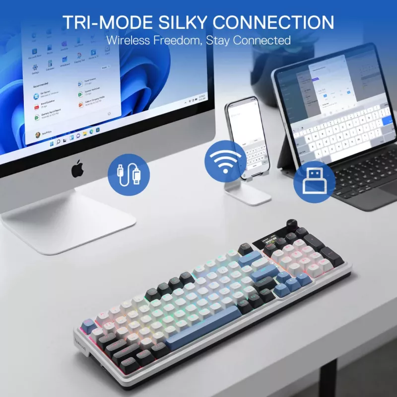 Redragon K719WGB GALATIN RGB PRO pilna izmēra bezvadu mehāniskā spēļu klaviatūra - balta