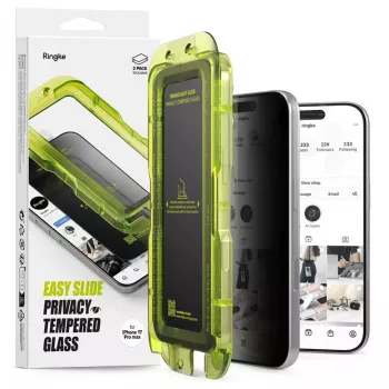 Ringke iPhone 17 Pro Ekrāna Aizsargs Premium Easy Slide Privātuma Rūdītais Stikls 9H ar Uzstādīšanas Šablonu (2-Pack) Caurspīdīgs