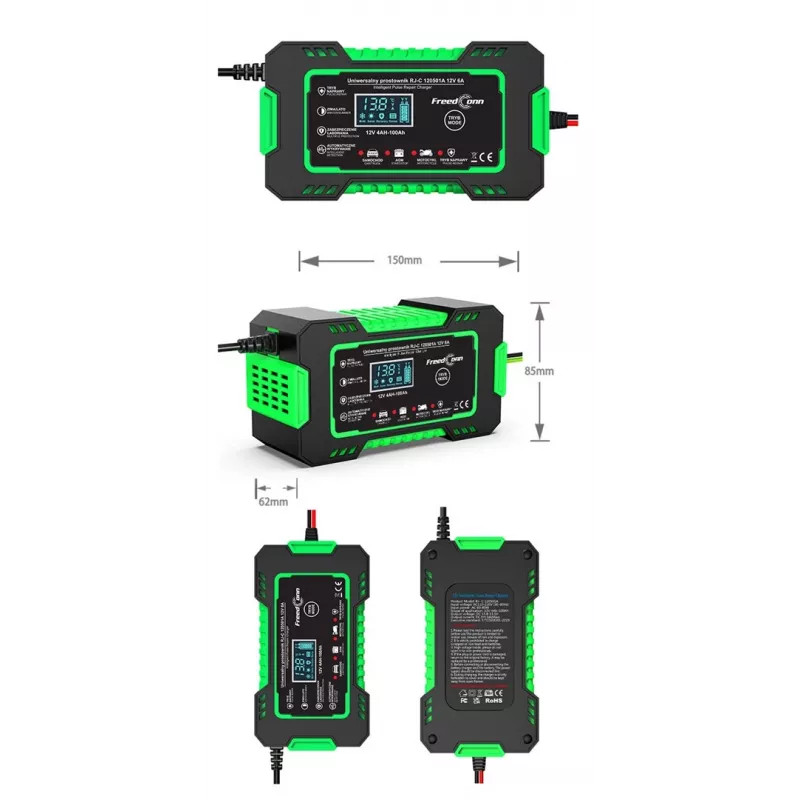 RJ TIANYE FreedConn RJ-C 120501A 12V 6A viedais automātiskais akumulatora lādētājs svina-skābes, AGM, GEL, EFB akumulatoriem ar LCD displeju