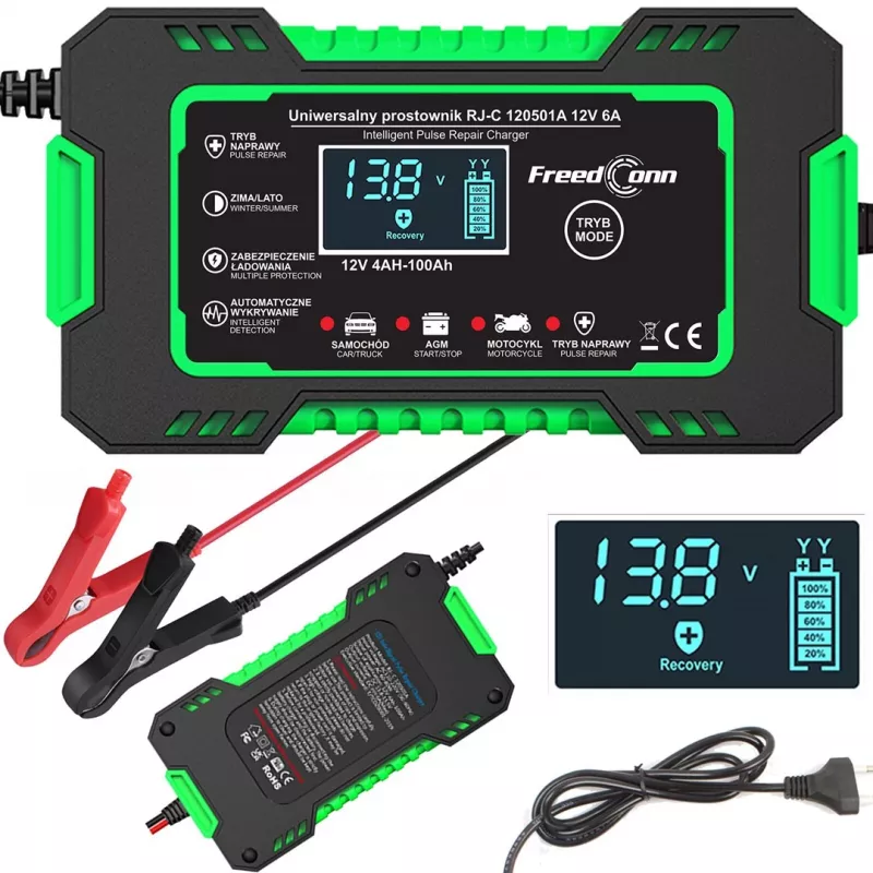RJ TIANYE FreedConn RJ-C 120501A 12V 6A viedais automātiskais akumulatora lādētājs svina-skābes, AGM, GEL, EFB akumulatoriem ar LCD displeju