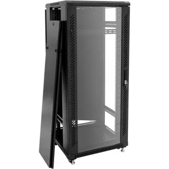 ROADINGER SSC-24 24U brīvstāvošs tērauda statīvu skapis ar rūdīta stikla durvīm, 600x600x1170 mm, 150 kg slodze, melns