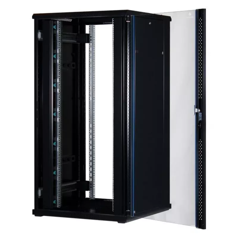 Rockstable 32 HE 19 collu servera skapis ar stikla durvīm - Brīvi stāvošs statīvs - 32U - 800 kg - Aizslēdzams - Montāžas sliedes - Regulējamas kājiņas (RS19-8832)