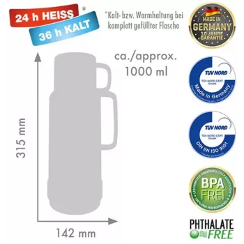 ROTPUNKT stikla vakuumizolēta termokarafe 1,0 L spīdīgi lapsas sarkana