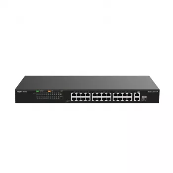 Ruijie RG-ES126FGS-LP 24-Port Fast Ethernet PoE+ Switch ar 2 Gigabit SFP augšupsaitēm, 370W PoE budžets, Rackmount