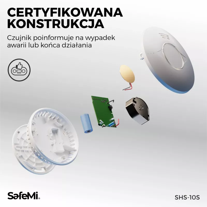SAFEMI SHS-10S dūmu detektors – fotoelektrisks, 10 gadu iebūvēta baterija, 5 gadu garantija