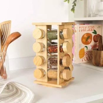 Salter BW127771 Bamboo Rotating Spice Rack ar 16 Stikla Burciņām