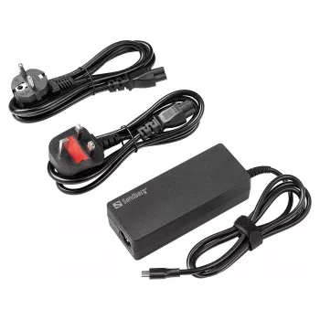 SANDBERG USB-C AC Charger PD100W EU+UK — 100W USB-C Power Delivery sienas lādētājs ar maināmiem EU/UK spraudņiem, melns