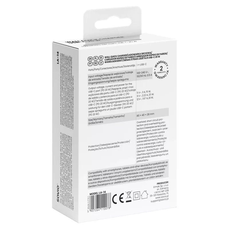 SAVIO LA-14 20W sienas lādētājs ar Power Delivery 3.0