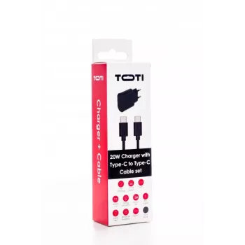 SEEK TOTI 20W Type-C PD Wall Fast Charger ar Type-C uz Type-C, 1 m PVC datu kabelis 3A, Melns