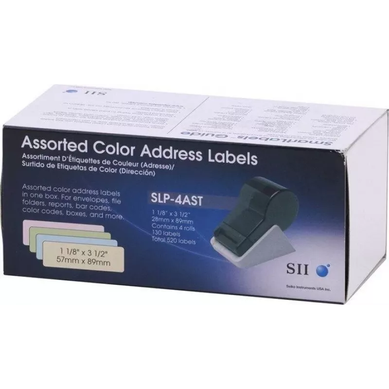 Seiko SLP-4AST dažādu krāsu adrešu etiķetes - 28 x 89 mm, 520 etiķetes (4 ruļļi pa 130) Smart Label Printer 420/425/430/440/450