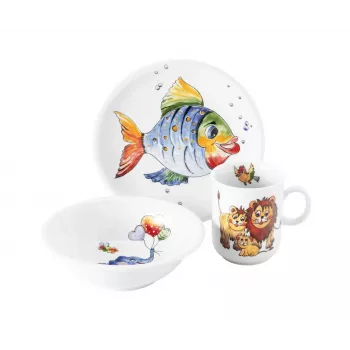 SELTMANN COLORFUL WILDLIFE Bērnu trauku komplekts 3 daļas, porcelāns – šķīvis, bļoda, krūze ar dzīvnieku motīviem