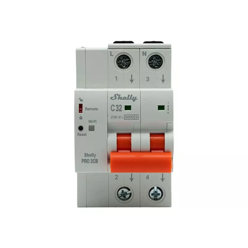 Shelly Pro 2CB C32 viedais miniatūrais automātslēdzis, 2 polu, 32A, Wi-Fi, LAN, Bluetooth