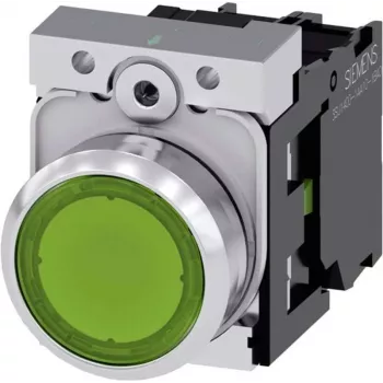Siemens SIRIUS ACT 3SU1152-0AB40-1BA0 spiedpoga, plakans izpildmehānisms, zaļš, metāla spīdīgs priekšējais gredzens, 22mm, 1NO, skrūvju spaile, IP66/67/69K
