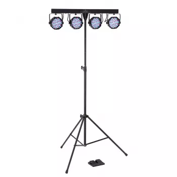 Soundsation 4LEDKIT-PARTY2 4-in-1 LED apgaismojuma komplekts ar Derby, PAR, Strobe, lāzeru, statīvu, IR tālvadību un pedāļu vadību