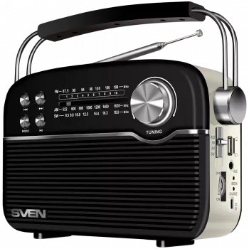 Pārnēsājamais skaļrunis SVEN SRP-500, Melns (3W, Bluetooth, FM/AM/SW, USB, microSD, AUX, Akumulators)