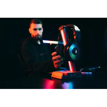 SureFire VINSON N2 RGB Spēļu austiņu statīvs ar 2 portu USB centrmezglu un 3,5 mm audio caurlaidi