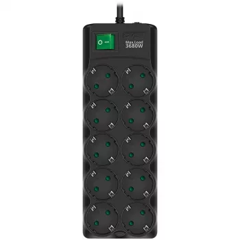 SVEN SF-10E-16 pārsprieguma aizsardzības pagarinātājs, 10 kontaktligzdas, 16A, 3.6kW, 1.8m, melns