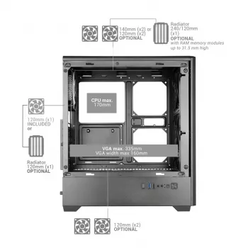 TACENS MARS MC-QUANTUM Mid-Tower ATX korpuss ar 3x120mm FDB ventilatoriem + 1x120mm ARGB ventilators, USB-C, rūdīts stikls, melns