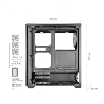 TACENS MARS MC-QUANTUM Mid-Tower ATX korpuss ar 3x120mm FDB ventilatoriem + 1x120mm ARGB ventilators, USB-C, rūdīts stikls, melns