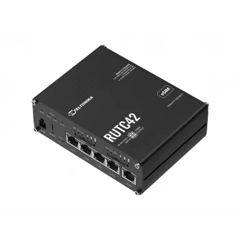 Teltonika RUTC42 5G NR bezvadu maršrutētājs ar 4-portu Gigabit slēdzi, divjoslu Wi-Fi 5, divām SIM, GNSS, alumīnija korpusu