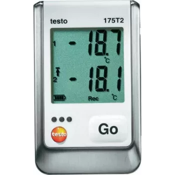 TESTO 175 T2 temperatūras datu reģistrētājs, 2 kanālu NTC, 1 miljons mērījumu, -35 līdz +55 °C iekšējais, -40 līdz +120 °C ārējais, IP65, USB interfeiss, LCD displejs 0572 1752