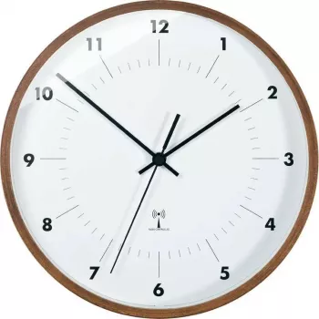 TFA Dostmann Radiovadāmais sienas pulkstenis ar koka rāmi, 25,5 cm diametrs, balts ciparnīca, arābu cipari, bateriju barošana, DCF77 98.1097