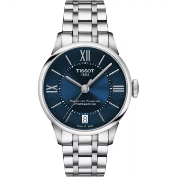 TISSOT T-Classic Chemin des Tourelles Sieviešu automātiskais pulkstenis 32mm Zila pērļu māte ciparnīca ar dimanta indeksiem Nerūsējošā tērauda aproce