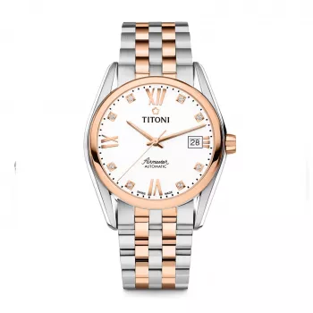 TITONI vīriešu automātiskais pulkstenis 83909SRG-063 38,5mm rozā zelta PVD nerūsējošais tērauds sudraba ciparnīca brūna ādas siksniņa